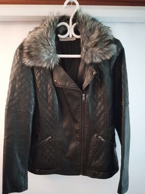 Ricki's Black Quilted Faux Leather Jacket with Gray Faux Fur Collar